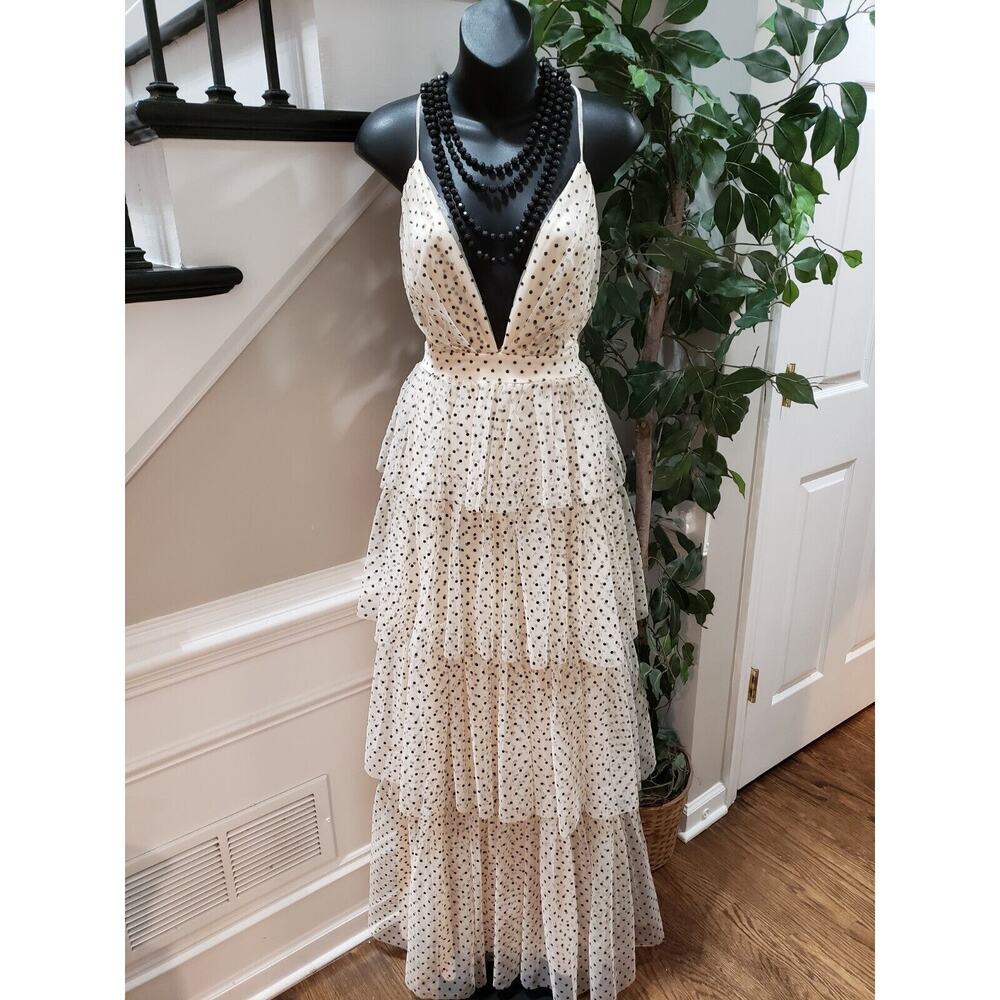 Fashion Nova Womens Ivory Polka Dot Ruffle Back Zip Sleeveless Long Maxi Dress S